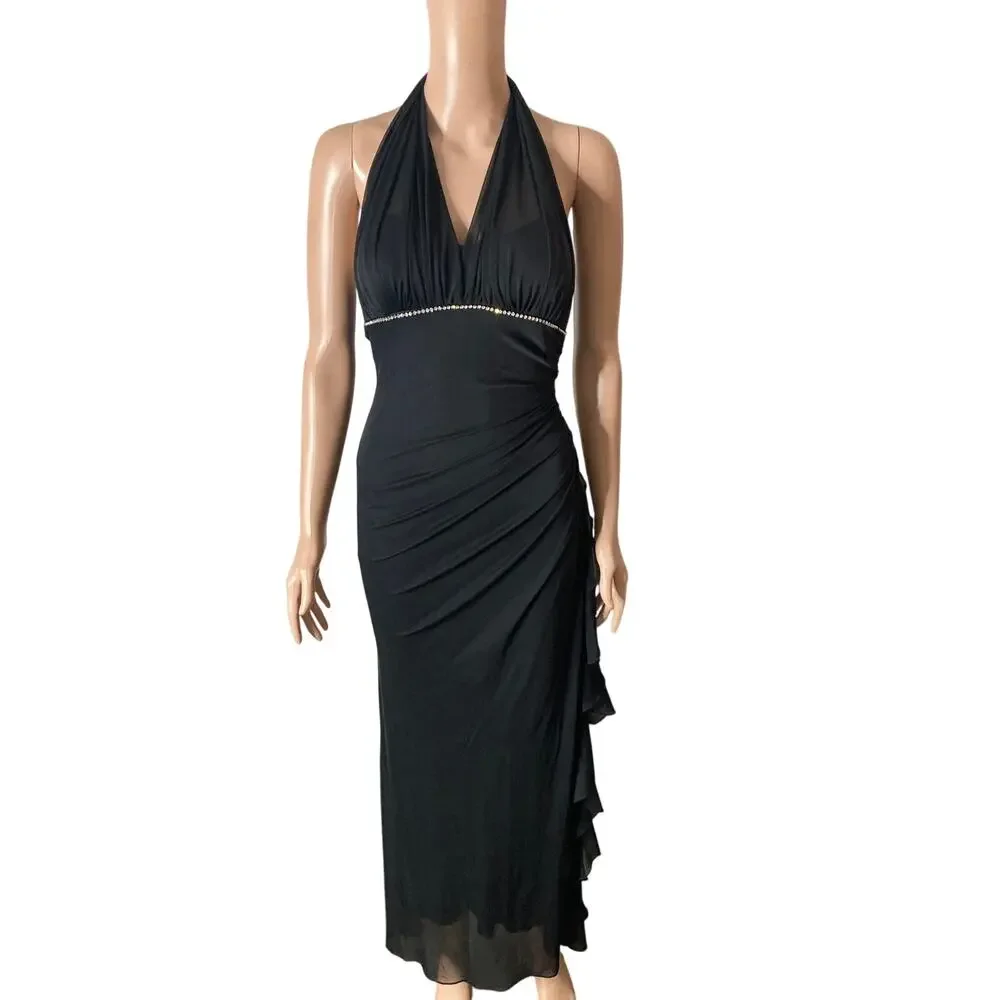 Vintage Black Halter Maxi Dress Womens Small Rhinestone Open Back Formal Gown